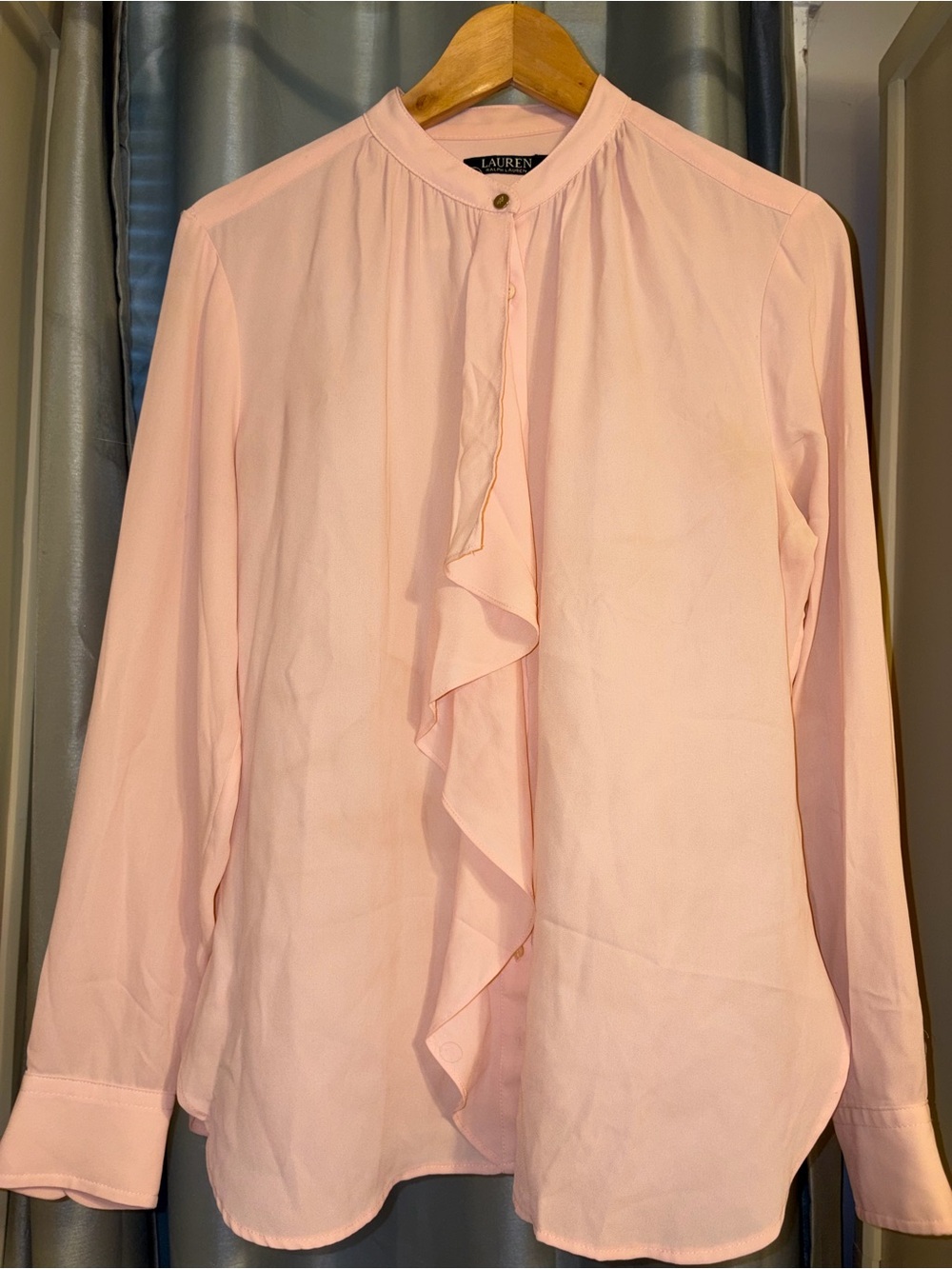 Lauren Ralph Lauren Pale Pink Ruffle-Front Long Sleeve Blouse